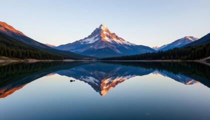 reflection of the towering mountain mirrored perfectly in the calm waters of the lake, creating a stunning visual symphony.