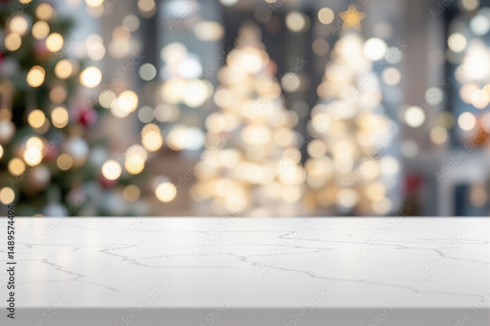 Poster marble table surface in front of blurred christmas trees with glowing bokeh lights in soft focus, fe