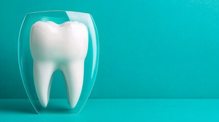 A white tooth protected by a transparent shield on a teal background symbolizes dental care and oral health.