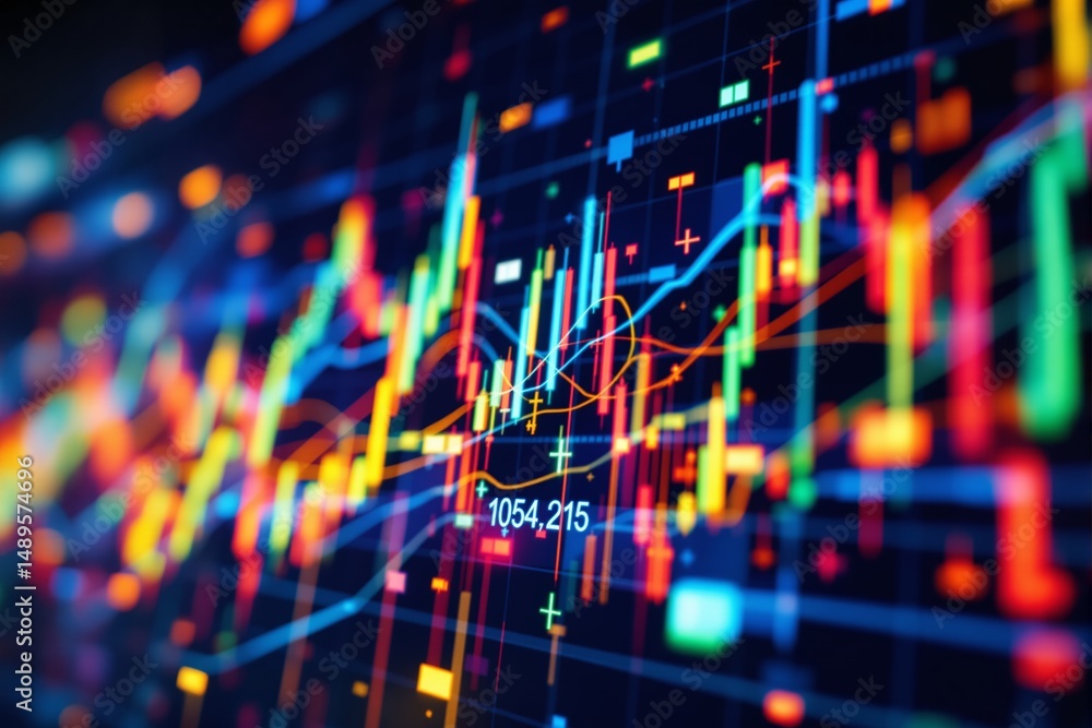 Poster colorful financial stock chart with glowing lines and data points on a futuristic creative backgroun
