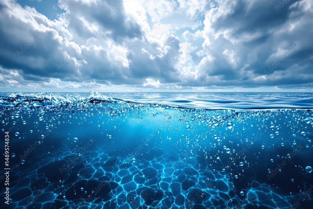 Poster artistic ocean image showing underwater and surface view with waves, bubbles, and sunlight, in a cre