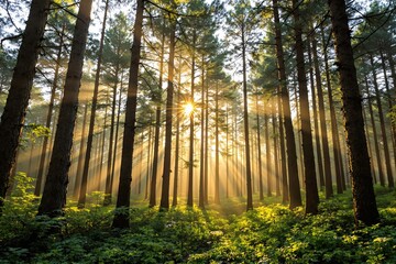 Sunlight streams through tall pine trees in a lush forest with green undergrowth, warm golden glow in background, concept of peaceful nature. Ai generative