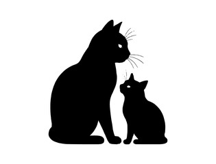 A clean black silhouette of a sitting cats and his baby, minimalistic style, centered on a pure white background