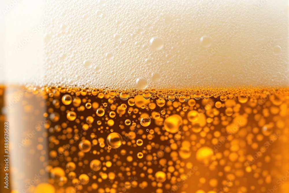 Poster macro image of golden beer with bubbles and foam in a creative style on a bright background, symboli