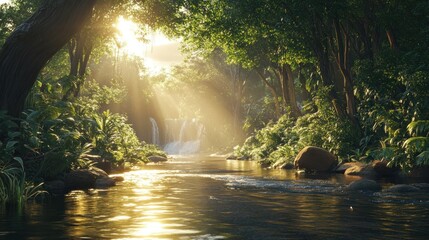 Obraz premium Enchanting forest stream illuminated by radiant sunlight creating a serene scene