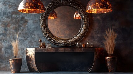 Rustic, dark-toned interior design with statement mirror.