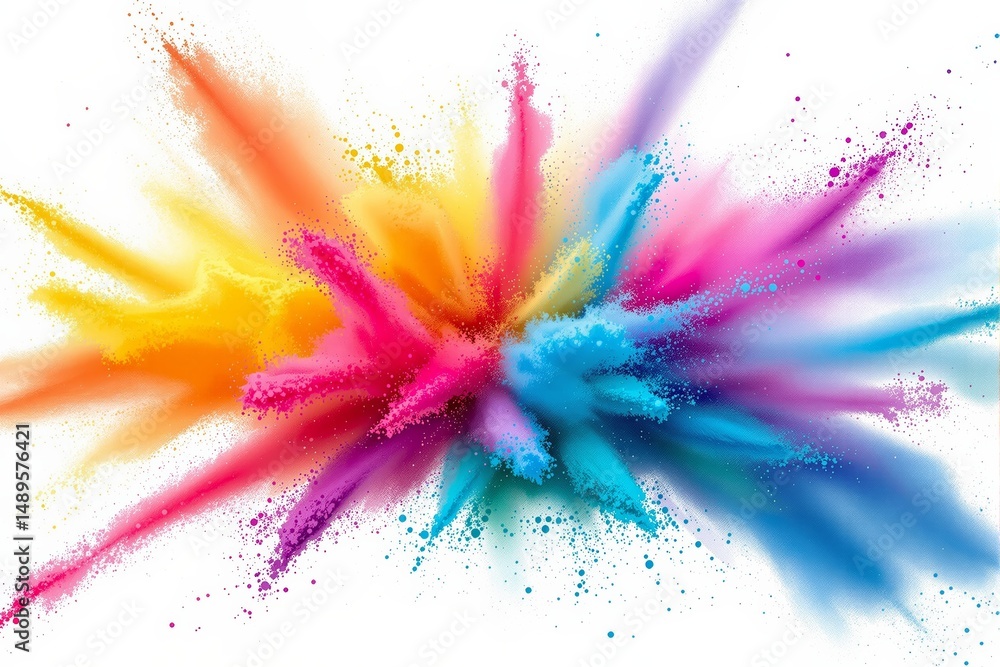 Poster burst of vibrant colorful powder in motion in abstract graphic style on white background. concept of