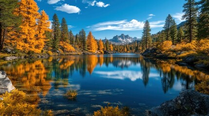 Serene alpine lake reflecting autumn colors and distant mountain peaks