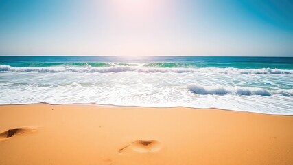 Obraz premium Serene Coastal Scene Golden Sand, Azure Ocean Waves, and a Sunny Sky