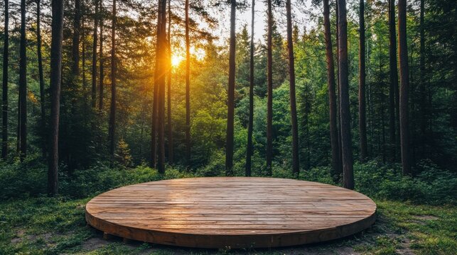 Wooden platform in a sunlit forest at sunset