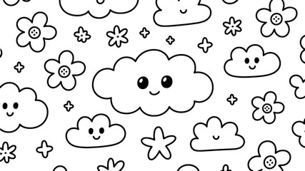 Obraz premium Cute cartoon clouds flowers seamless pattern