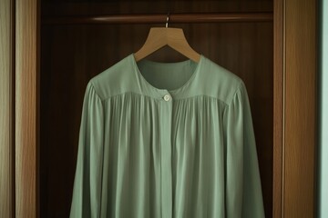 A light sage green blouse hangs on a wooden hanger.