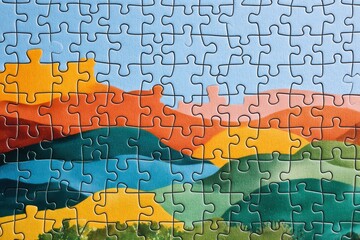 Colorful Puzzle Pieces Arranged on a Blue Background Landscape