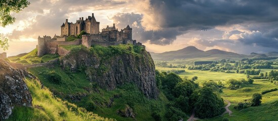 Majestic scottish castle atop rocky hill with stunning landscape background