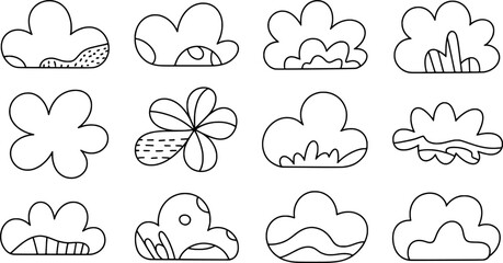 Cute cartoon clouds and flowers line art set