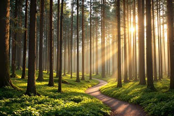 Peaceful forest with tall pines and golden sun rays, creative nature background showing a curving path on a lush green forest floor. Ai generative