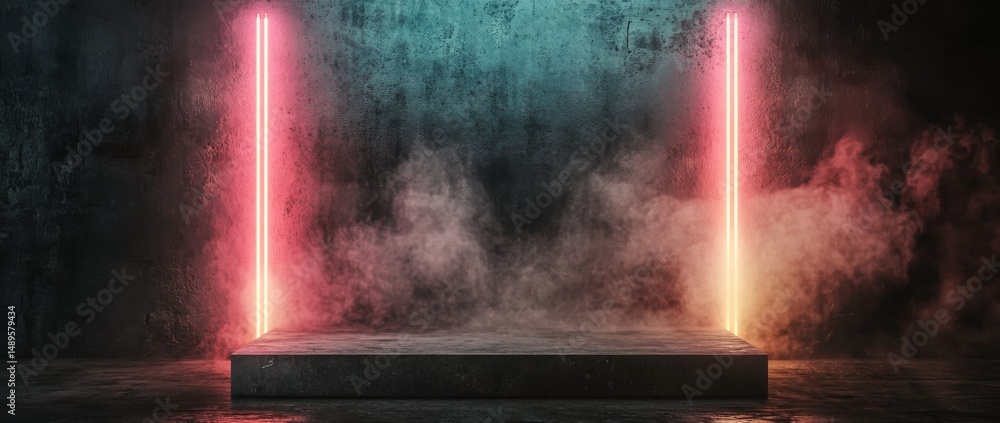 Poster illuminated glass pillars create a colorful atmosphere in a misty setting at night