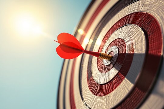 Red dart hitting the center of a detailed dartboard, photorealistic style, with blue sky and sunlight background. Concept of accuracy and success. Ai generative