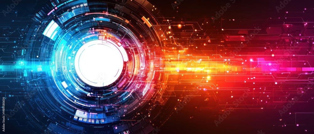 Poster abstract digital artwork featuring a vibrant, circular technological design with glowing, multicolor