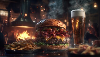 Juicy Burger and Cold Beer in a Cozy Pub