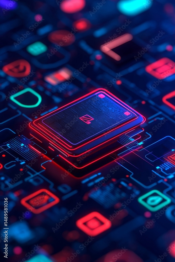 Poster futuristic circuit board with a central processor and vibrant colors.