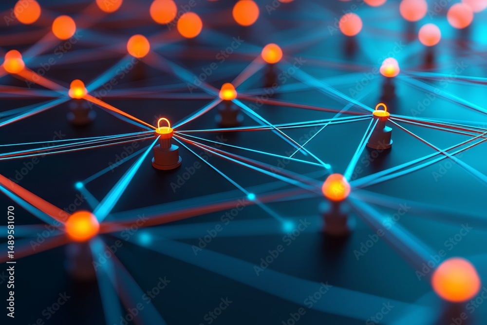 Poster abstract network visualization with glowing nodes and connections.