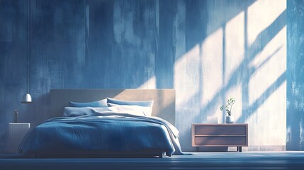 Stylish bedroom interior bathed in soft sunlight.