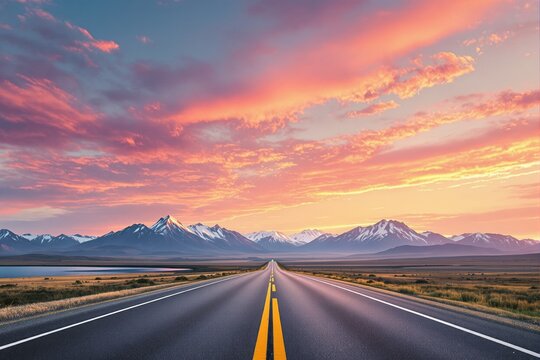 Long empty road stretches toward distant snowy mountains, colorful sunset sky with dramatic clouds in the background, concept of travel and freedom. Ai generative - Powered by Adobe
