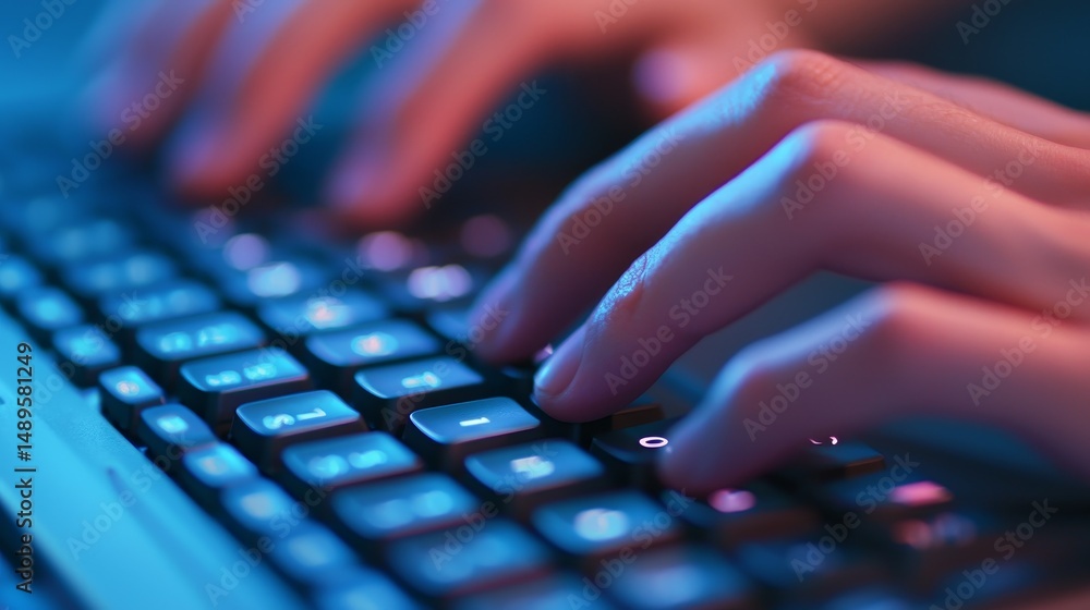 Aufkleber close-up of hands typing on a backlit keyboard in dim lighting.