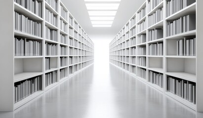 Bright and Modern Library Interior with White Shelves and Books