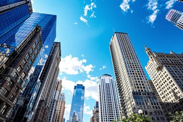 Obraz premium Tall skyscrapers with glass and brick facades under a vivid blue sky with scattered clouds, daytime cityscape background concept, creative perspective. Ai generative