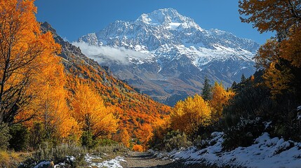 Majestic Snowy Mountain Peak Overlooking an Autumn Forest Trail with Vibrant Orange Trees against Clear Blue Sky