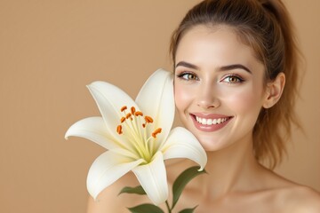 Beautiful woman with flawless skin and white lily flower, creative beauty portrait style, soft beige background. Concept of skincare and elegance. Ai generative