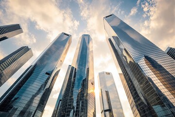 Obraz premium Tall glass skyscrapers reflecting sky and clouds, creative modern architecture, golden hour light, cityscape background concept. Ai generative