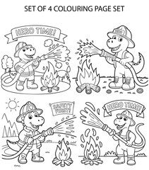 Dinosaur Colouring Page Set of 4 for Kids – Firefighter Theme Printable Activity Pages