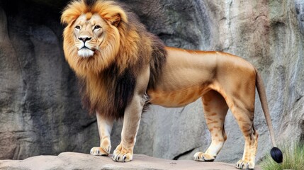 Naklejka premium Majestic male lion in a natural setting, captured in stunning detail