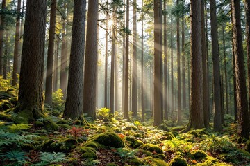 Tall pine trees in a vibrant forest with sunbeams shining through, lush moss and ferns cover the forest floor, natural landscape background. Ai generative
