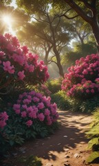 Mature rhododendrons, vibrant hues, dappled sunlight, azalea, bloom