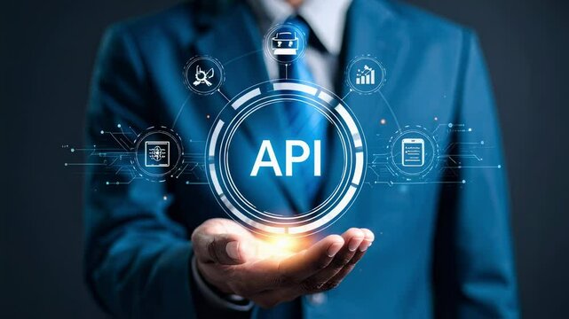 API Application Programming Interface concept, Man holding virtual screen of API icon Software development tool.	
