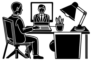 Silhouette of a person at a desk facing a design concept, silhouette, figure, person, desk, working, office, facing, design, vector, black, white, business, creative, workspace, minimalist, graphic, s