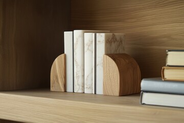 Wooden and marble bookends on a light-toned shelving unit.