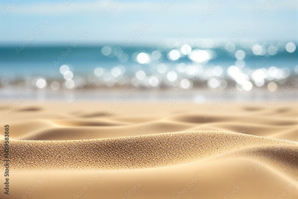 Poster close-up of smooth golden sand with sparkling sea bokeh in background, creative soft focus style on 