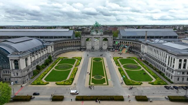 Brussels, Belgium - Jubelpark, Park of the Fiftieth Anniversary. Urban monumental park, aerial drone overhead city skyline view. Arc de Triomphe, Cinquantenaire park. Belgium, Europe from above