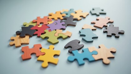 Obraz premium Colorful Puzzle Pieces Scattered on Light Background