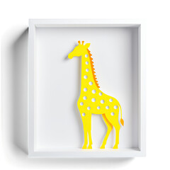 A vibrant yellow giraffe cutout with orange details is framed within a crisp white box art piece.
