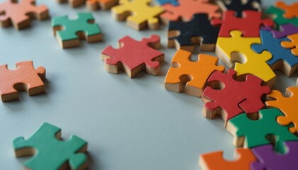 Colorful Jigsaw Puzzle Pieces Scattered on Light Surface