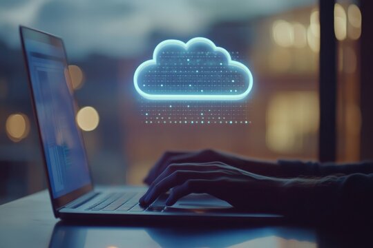 Cloud computing in action.  Hands type on laptop, cloud icon overlay