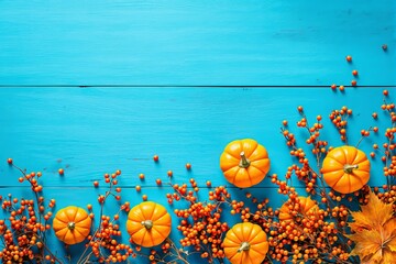 Mini pumpkins and orange berries creatively arranged on bright blue wooden background, symbolizing autumn harvest and festive seasonal decoration. Ai generative