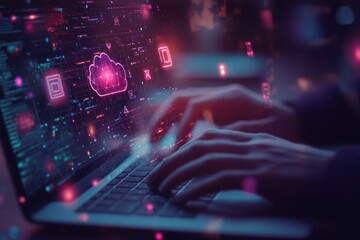 Person working on a laptop with glowing digital icons and cloud symbol overlay.  Hands typing on keyboard