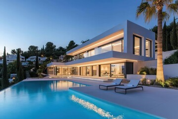 Fototapeta premium Modern Villa with Infinity Pool at Dusk Surrounded by Trees